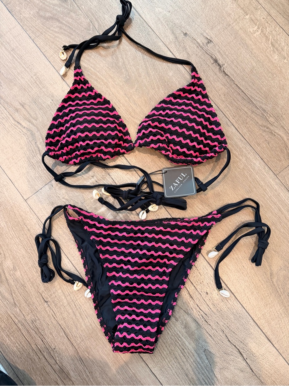 Zaful Pink & Black Wavy Stripe String Bikini